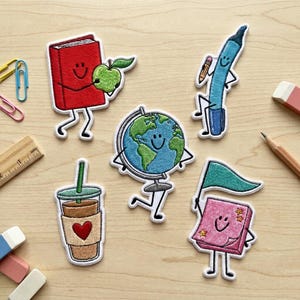 Cute Kawaii Teacher School Patches, Funny Globe Book Pen Iron On Patch, Kids Student Back To School Gift, DIY Tote Bag Sew On Hook Loop