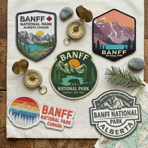 Banff National Park Patches, Canadian Rockies Lake Iron On Patch, Mountain Hiker Camping Souvenir Gift, DIY Backpack Sew On Hook Loop