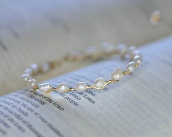 Wire Wrapped Freshwater Pearl Bracelet - Dainty Adjustable Jewellery