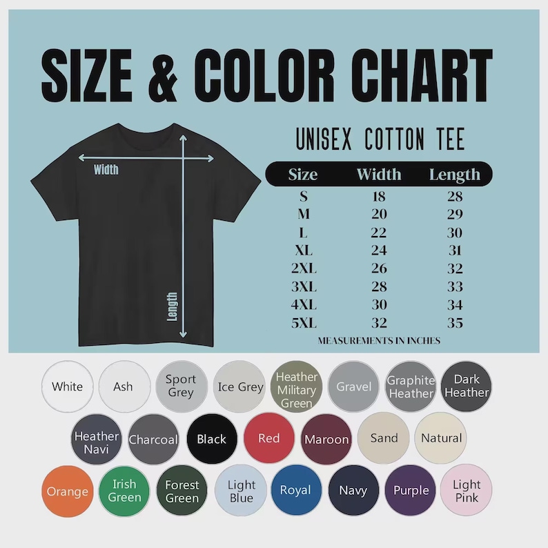 Puede incluir: Una camiseta unisex de algod&oacute;n negra con una tabla de tallas y colores. La tabla enumera las tallas S a 5XL con medidas en pulgadas. Las opciones de color incluyen blanco, negro, rojo y m&aacute;s.