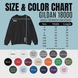 Puede incluir: Sudadera unisex negra con cuello redondo y una tabla de tallas y colores. La tabla muestra medidas en pulgadas para tallas S a 5XL. Las opciones de color incluyen negro, rojo, granate y m&aacute;s. El texto "SIZE & COLOR CHART GILDAN 18000" est&aacute; en la parte superior.