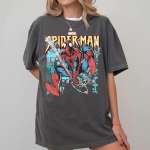May include: A charcoal gray short-sleeve t-shirt featuring a graphic print of the Marvel Spider-Man character in a crouching pose. The design includes the red and blue superhero, a white web line, and the yellow and red Spider-Man logo text.