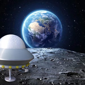 May include: A silver metallic flying saucer with a translucent dome top and yellow circular lights along the base, standing on three landing struts on a grey, cratered lunar surface with the blue Earth visible in the dark starry space background.