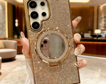 Rhinestone Mirror Phone Case for Samsung Galaxy S24 Ultra with Stand, Shockproof Cover