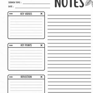K&ouml;nnte beinhalten: Eine schwarz-wei&szlig;e Predigtnotizseite mit floralen Akzenten. Die Seite enth&auml;lt Abschnitte f&uuml;r Predigtthema, Datum, Schl&uuml;sselverse, Kernpunkte und Reflexion. Das Wort "NOTES" ist prominent dargestellt.