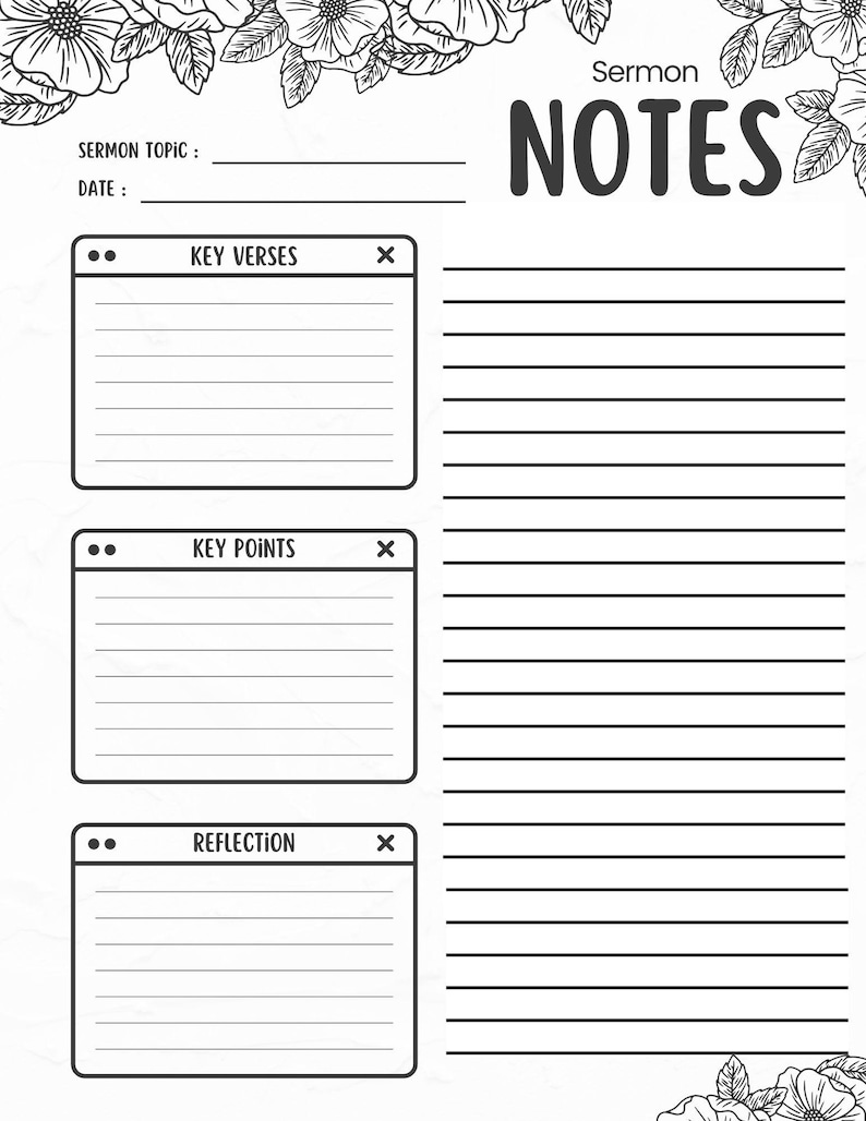 K&ouml;nnte beinhalten: Eine schwarz-wei&szlig;e Predigtnotizseite mit floralen Akzenten. Die Seite enth&auml;lt Abschnitte f&uuml;r Predigtthema, Datum, Schl&uuml;sselverse, Kernpunkte und Reflexion. Das Wort "NOTES" ist prominent dargestellt.