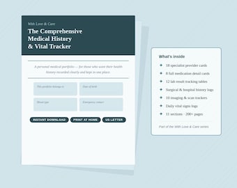Könnte beinhalten: Ein persönliches medizinisches Portfolio mit dem Titel "The Comprehensive Medical History & Vital Tracker". Das Cover ist dunkelblaugrün mit weißem Text. Enthält Abschnitte für persönliche Informationen und eine Inhaltsliste, wie z. B. Leistungserbringerkarten und Laborergebnistabellen.
