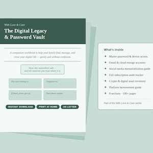 Könnte beinhalten: Ein Arbeitsbuch mit dem Titel "The Digital Legacy & Password Vault" mit einem dunkelgrünen Header. Das Arbeitsbuch enthält Abschnitte für Familieninformationen, Passwortspeicherung und digitale Vermögensverwaltung. Es listet auch den Inhalt auf.