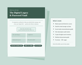 May include: A workbook titled "The Digital Legacy & Password Vault" with a dark green header. The workbook includes sections for family information, password storage, and digital asset management. It also lists what's inside, including master password access and social media guides.