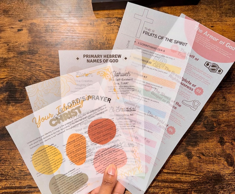 K&ouml;nnte beinhalten: Mehrere durchscheinende Papierb&ouml;gen mit religi&ouml;sen Texten und Grafiken. Die Bl&auml;tter enthalten Titel wie "Die 9 Fr&uuml;chte des Geistes", "Die R&uuml;stung Gottes" und "Prim&auml;re hebr&auml;ische Namen Gottes". Der Text ist auf Englisch, mit einigen hebr&auml;ischen Begriffen.