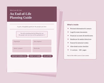 Könnte beinhalten: Ein weinrotes und weißes End-of-Life Planning Guide mit dem Text "With Love & Care". Der Leitfaden enthält Abschnitte zu persönlichen Informationen, rechtlichen Dokumenten und Finanzkonten. Sofortiger Download und Druck zu Hause.
