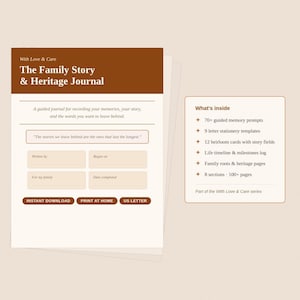 Pode incluir: Um diário intitulado "The Family Story & Heritage Journal" com um cabeçalho castanho. O diário inclui prompts, modelos, cartões e páginas para registrar memórias e história familiar. Disponível para download instantâneo e impressão.
