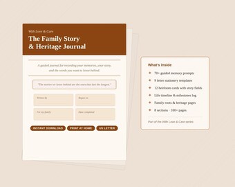 Könnte beinhalten: Ein Journal mit dem Titel "The Family Story & Heritage Journal" mit braunem Header. Das Journal enthält Eingabeaufforderungen, Vorlagen, Karten und Seiten zum Aufzeichnen von Erinnerungen und Familiengeschichte. Sofortiger Download und Druck verfügbar.