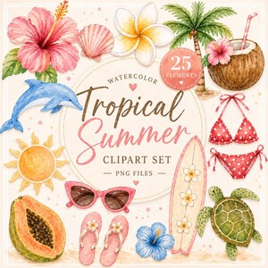 以下が含まれることがあります： 熱帯の夏のテーマの、水彩画のクリップアートセット。ビキニ、サングラス、サーフボード、花、イルカ、カメ、ココナッツドリンク、パパイヤが含まれています。「Tropical Summer Clipart Set - PNG Files」と書かれています。