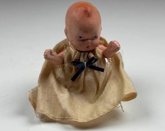 Antique All Bisque Baby Doll c.1910 – German Penny Toy – Creepy Dollhouse Miniature – Pre War