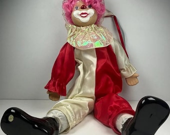 Vintage Pink Hair Clown Doll, 20” Retro Circus Collector Doll, Iridescent Collar