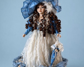 Vintage Duck House Porcelain Victorian Doll Tagged Blue Parasol Collector Piece