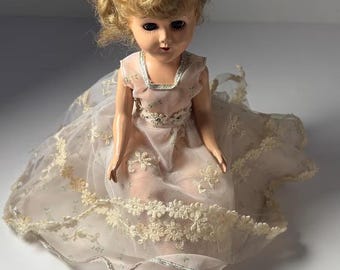 Vintage 1950s Bend Knee Doll 10” Blonde Sleep Eyes Lace Dress Bridal Style Display Collectible