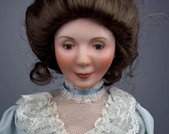 Vintage Porcelain Lady Doll Blue Satin Lace Gown Glass Eyes Studio Collectible 17”