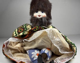 Authentic Russian Folk Doll Vintage Slavic Costume Fur Trim 16” Cultural Display Collector Piece