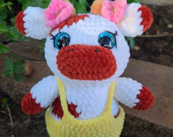 Handmade Crochet Cow in Overalls