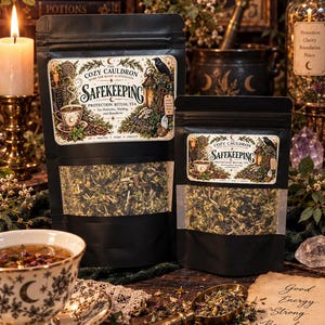 Peut inclure: Deux sachets noirs refermables de thé rituel de protection Safekeeping par The Cozy Cauldron. Les étiquettes présentent un corbeau, une tasse et des illustrations botaniques. Les sachets ont des fenêtres transparentes montrant un mélange d'herbes.