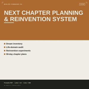 以下が含まれることがあります： MIDLIFE COMMAND CO.による「NEXT CHAPTER PLANNING & REINVENTION SYSTEM」というタイトルのデジタル計画ドキュメント。レイアウトは、茶色のヘッダー、4つの項目がリストされた明るいベージュの本文、および「Printable PDF, Letter + A4, Color + BW」というテキストが記載された黒いフッターで構成されています。