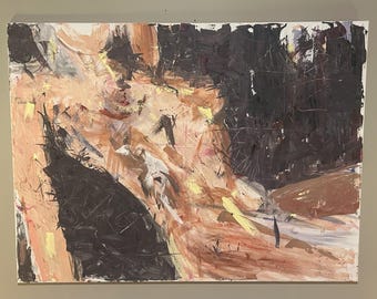 オリジナル抽象表現主義絵画、テラコッタアースカラーのキャンバス、質感のあるモダンアート（36x48インチ）