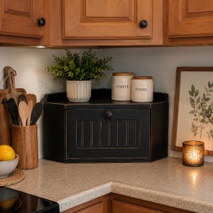May include: A black wooden bread box with a single drawer and vertical paneling, situated on a countertop. Two ceramic canisters labeled "COFFEE" and "SUGAR" sit atop the box. A small potted plant and a lit candle are also visible.
