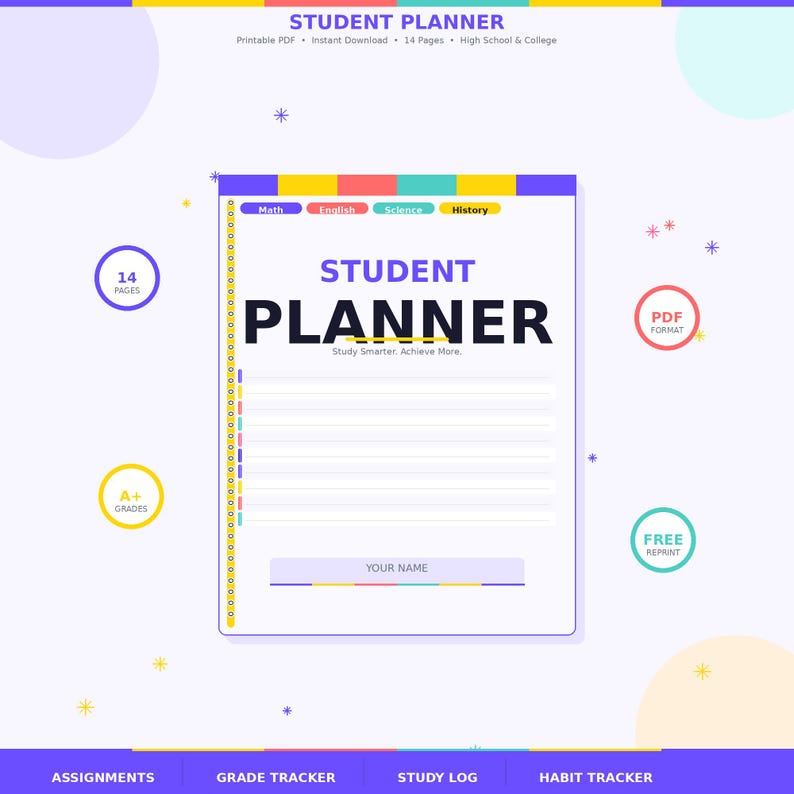 Student Planner Printable PDF | Assignment, Grade, Study Tracker ...