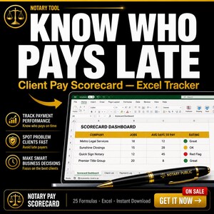 May include: Black and white graphic with the text "KNOW WHO PAYS LATE" and "Client Pay Scorecard - Excel Tracker." A laptop displays a spreadsheet with company payment data. A black pen with gold accents lies on the table.