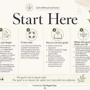 May include: A cream-colored informational guide titled "Calm Without Confusion" with the words "Start Here" in large, bold letters. The guide includes sections on crisis notes, guide usage, and anxiety disorder support. Decorative leaf illustrations are present.