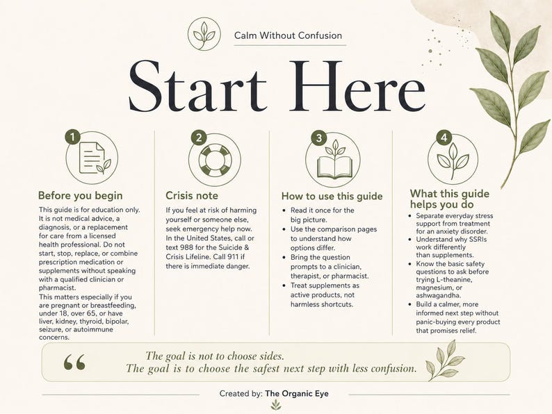 May include: A cream-colored informational guide titled "Calm Without Confusion" with the words "Start Here" in large, bold letters. The guide includes sections on crisis notes, guide usage, and anxiety disorder support. Decorative leaf illustrations are present.