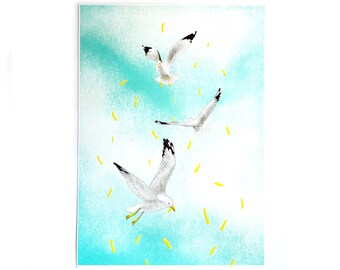 Seagull Riso print, seaside art print, chips and sea birds, gift for coast lovers.