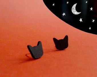 Black cat earrings, wooden studs, eco friendly jewellery,