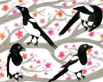 magpies in a blossom tree, bird illustration, cherry blossom art print, eco friendly gift.