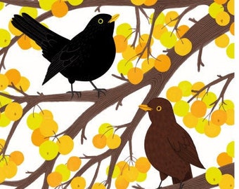 Blackbirds in a crabapple tree, bird illustration, yellow art print, recycled materials