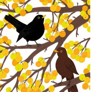 Blackbirds in a crabapple tree, bird illustration, yellow art print, recycled materials