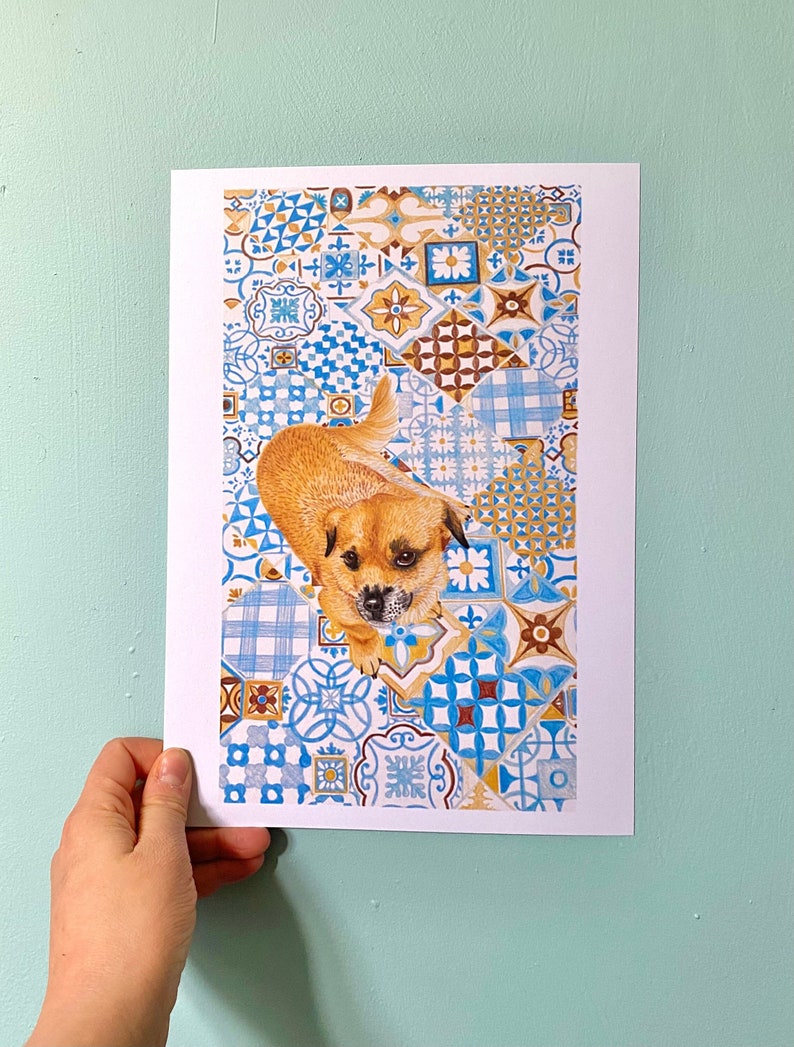 Moroccan dog print, recycled materials, art print zdjęcie 1