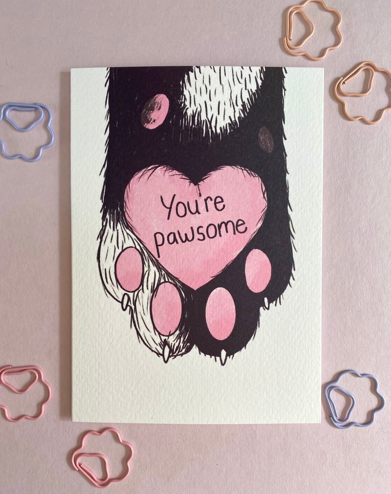 Cat paw card, youre awesome, congratulations card, card for partner, well done greeting card, pawsome, cat lover card, cat pun, image 7