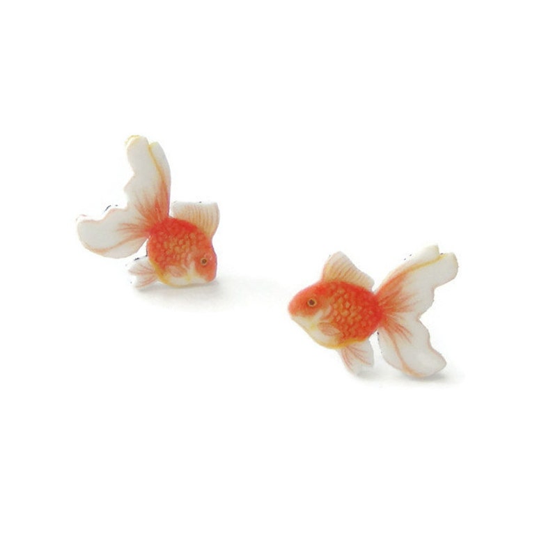 Goldfish earrings, gold fish studs, goldfish jewellery, gift for fish lover. image 2