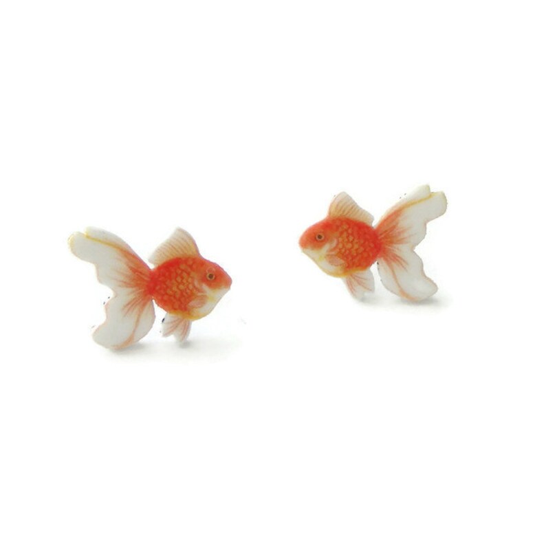 Goldfish earrings, gold fish studs, goldfish jewellery, gift for fish lover. image 1