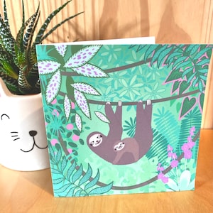 Carte de voeux paresseux, maman et bébé, amateur de paresseux, illustration de la jungle, carte recyclée, respectueux de l'environnement.