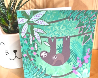 Sloth greeting card, mum and baby, sloth lover, jungle illustration, recycled card, eco friendly.