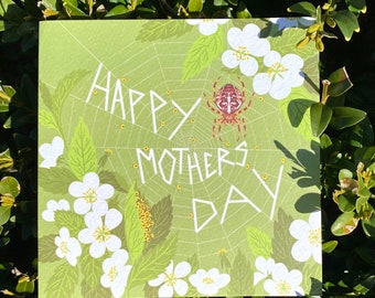 Tarjeta del día de la madre, tarjeta de mamá araña, tarjeta de felicitación de flores, hígado de araña, ilustración de jardín