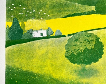 Impresión de riso de campo de ranúnculo, impresión de arte paisajístico británico, arte rural, arte pop de paisaje rural.