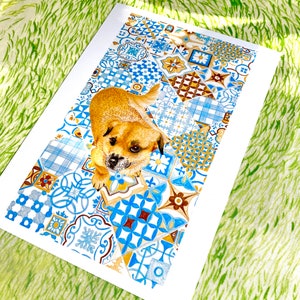 Moroccan dog print, recycled materials, art print zdjęcie 3