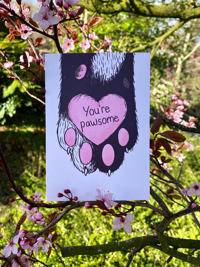 Cat paw card, youre awesome, congratulations card, card for partner, well done greeting card, pawsome, cat lover card, cat pun, image 4