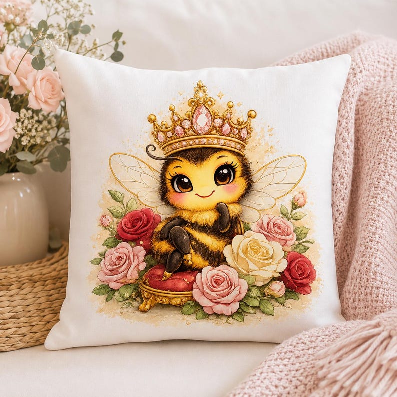May include: A square white throw pillow featuring a central illustration of a cartoon bee wearing a gold crown with pink gems. The bee sits on a small red stool surrounded by a cluster of blooming red, pink, and cream-colored roses.