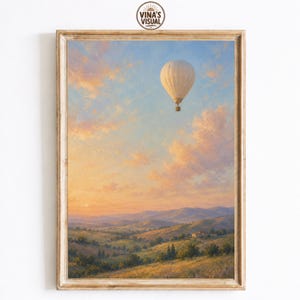 Hot Air Balloon Wall Art, Impressionist Landscape Print, Peaceful Countryside Painting, Dreamy Sky Decor